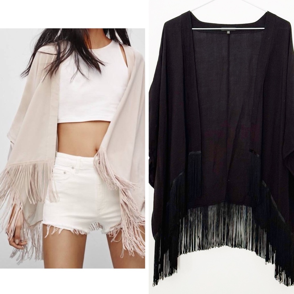 Talula Fringe Open-Front Kimono in Black GUC
